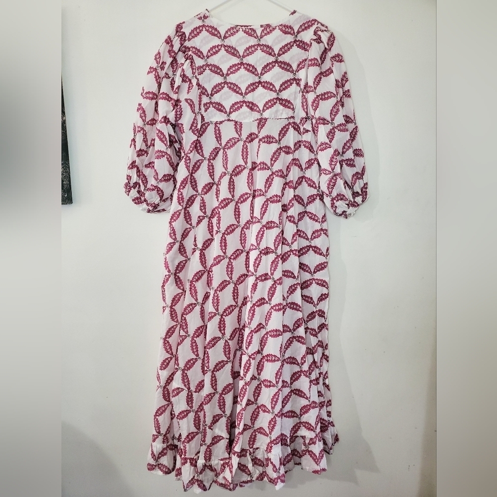 Karni Floral BoHo Cottagecore Maxi Dress Size Small White Pink Pockets - Picture 7 of 10